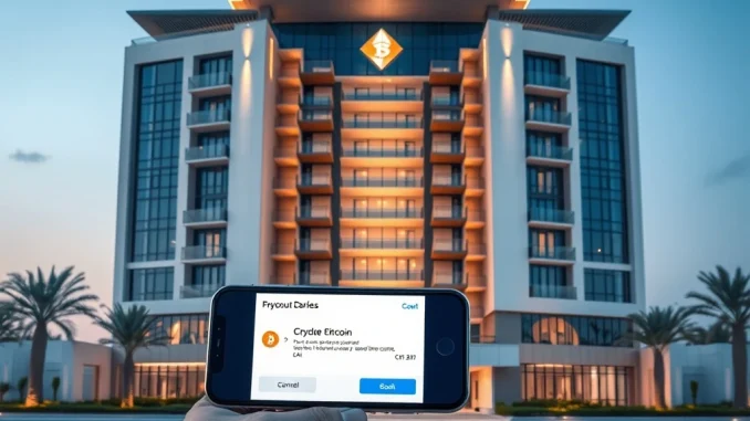 RAK Properties Pioneers Exciting Crypto Payments for UAE Real Estate A modern RAK Properties building in the UAE, symbolizing the acceptance of crypto payments for real estate transactions.