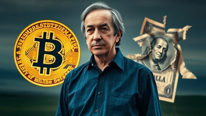 Ray Dalio Bitcoin: Crucial Opportunity Amidst US Dollar Instability Ray Dalio analyzing financial charts, with a Bitcoin logo and a weakening US Dollar symbol in the background, illustrating the Ray Dalio Bitcoin thesis.