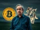 Ray Dalio analyzing financial charts, with a Bitcoin logo and a weakening US Dollar symbol in the background, illustrating the Ray Dalio Bitcoin thesis.