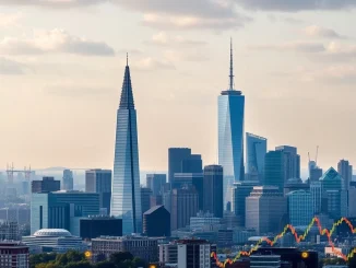 Revolut's ambitious dual listing strategy, showing London and New York skylines connected, representing global financial expansion and cryptocurrency services.