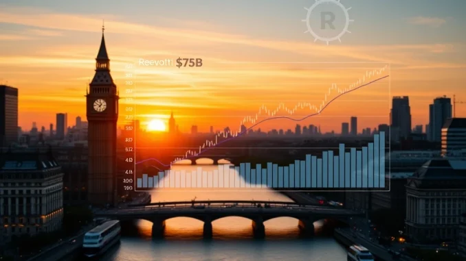 Visualizing Revolut's remarkable growth, depicting a digital interface with financial charts and cryptocurrency icons, symbolizing the neobank's $75B valuation and its crypto investment services.