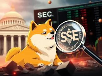 A visual representation of the REX-Osprey Leveraged DOGE ETF filing, showing Dogecoin's logo integrated with financial market graphics and an SEC building in the background.