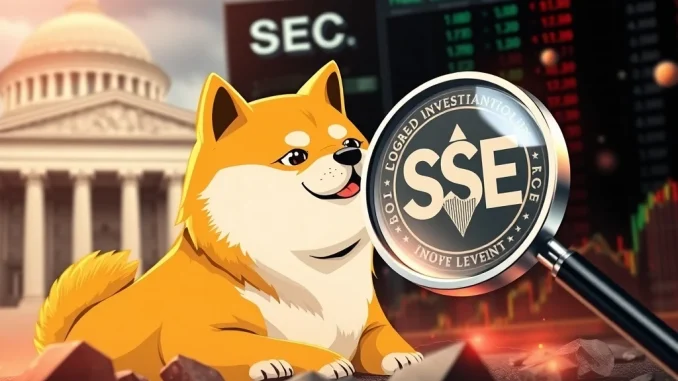 A visual representation of the REX-Osprey Leveraged DOGE ETF filing, showing Dogecoin's logo integrated with financial market graphics and an SEC building in the background.