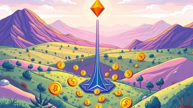 Illustration showing Ronin RON buyback, with tokens and money converging, symbolizing Ronin's strategic investment.