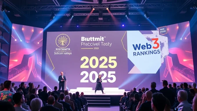 RootData's Silicon Valley summit stage, highlighting the anticipation for the 2025 Web3 rankings announcement.