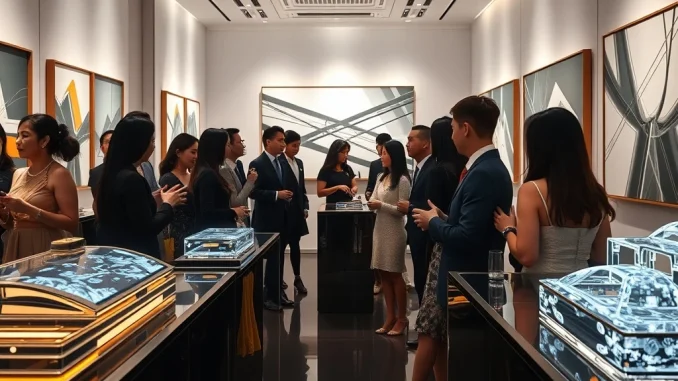 Taiko's RWA tokenization display at a luxury art event, merging digital innovation with high-end physical assets.