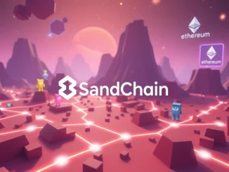 Visual representation of SandChain, The Sandbox's new Ethereum L2, showing digital assets flowing through a fast blockchain network, empowering on-chain creators.