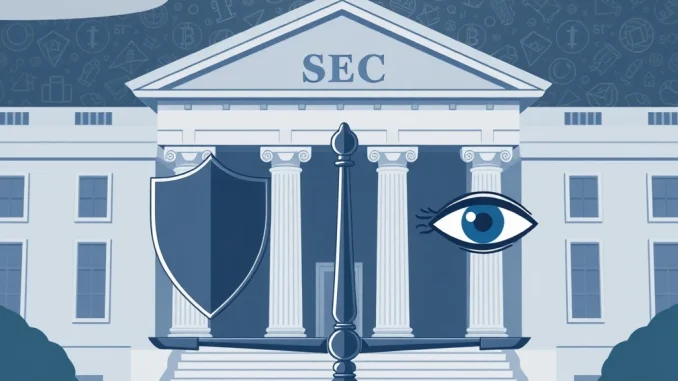 An illustration of the SEC building with privacy and surveillance symbols, representing the upcoming SEC crypto public forum on cryptocurrency regulation.