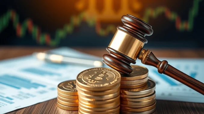 A digital gavel resting on cryptocurrency coins, symbolizing the SEC's proposal to ease cryptocurrency regulations and its impact on the market.