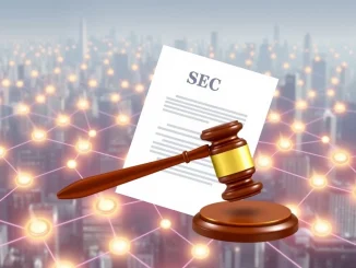 SEC token distribution clarity for blockchain projects, symbolized by official documents over a digital token network.