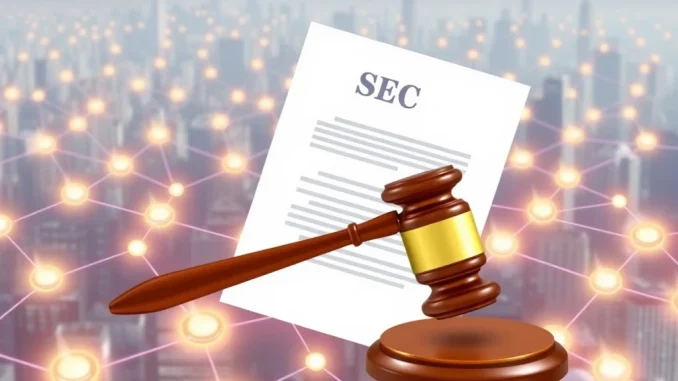 SEC token distribution clarity for blockchain projects, symbolized by official documents over a digital token network.