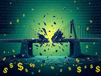 Depicts the aftermath of the Seedify SFUND hack, showing digital disruption and lost funds, highlighting the impact of a crypto bridge exploit.
