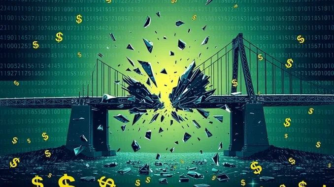 Depicts the aftermath of the Seedify SFUND hack, showing digital disruption and lost funds, highlighting the impact of a crypto bridge exploit.