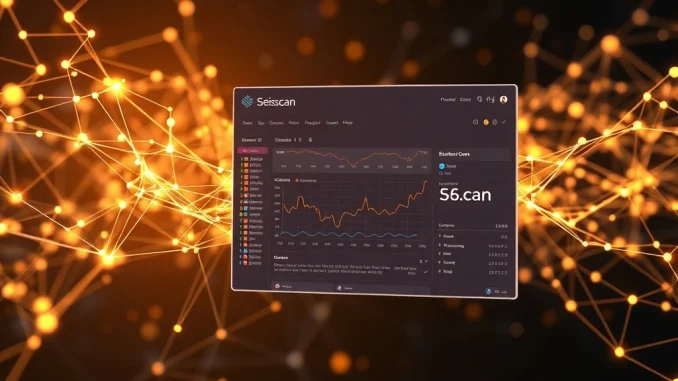 A screen showing the Seiscan block explorer interface, visualizing data streams and transactions on the Sei Network blockchain.