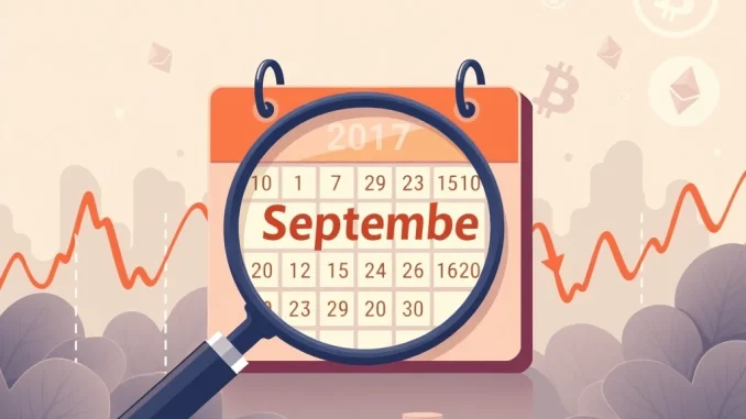 A visual representation of **September macroeconomic events** influencing global financial markets, including crypto. Charts and calendar dates are prominent.