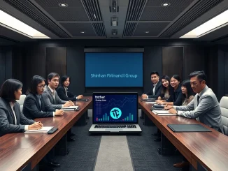 Shinhan Financial Group chairman meeting Tether executives to discuss stablecoin integration, highlighting a pivotal moment for crypto.