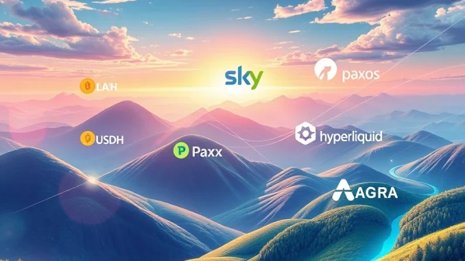 Sky Crypto Unleashes Fierce Battle for Hyperliquid's USDH Stablecoin Dominance Visualizing Sky and Hyperliquid logos competing to issue the USDH stablecoin, highlighting the intense battle for dominance in the DeFi space.