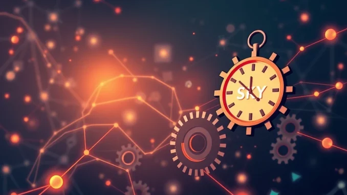 A visual representation of the Sky community vote on MKR token swap penalties, showing digital tokens and a looming deadline.