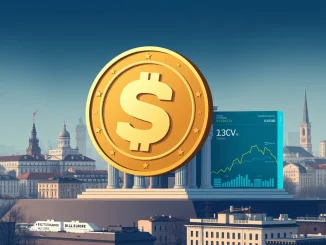 A visual representation of Societe Generale's USDCV stablecoin bridging traditional finance with Bullish Europe, signifying institutional crypto adoption.