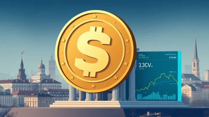 A visual representation of Societe Generale's USDCV stablecoin bridging traditional finance with Bullish Europe, signifying institutional crypto adoption.