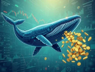 A large digital whale deposits SOL tokens into a crypto exchange, symbolizing a significant SOL whale transaction and potential market impact on Solana price.