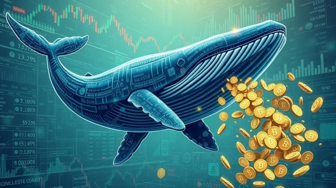 A large digital whale deposits SOL tokens into a crypto exchange, symbolizing a significant SOL whale transaction and potential market impact on Solana price.