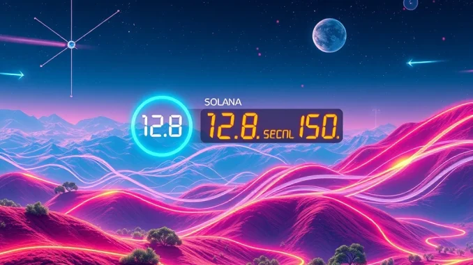 Diagram showing a clock accelerating, symbolizing the dramatic reduction in Solana block confirmation time after the SIMD-0326 Alpenglow proposal.