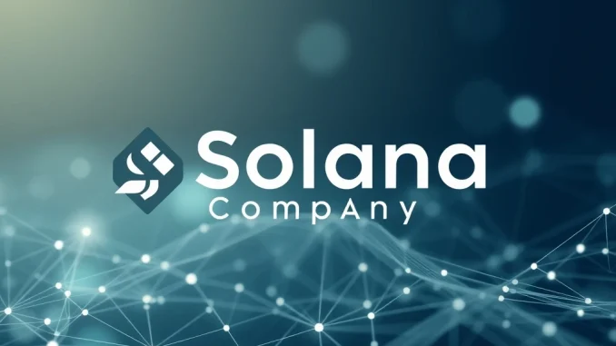 Solana Company logo over a blockchain network, symbolizing a strategic SOL investment focus.