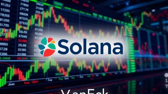 Solana ETF symbol on a digital trading screen, representing VanEck's updated S-1 filing and its potential impact on the SOL market.