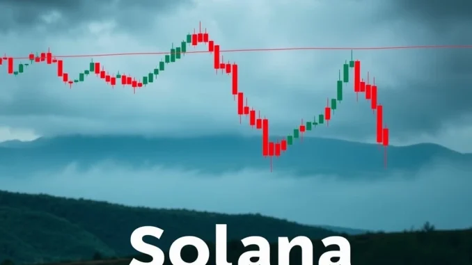 A Solana price chart showing a significant dip, illustrating the current bearish trend and technical indicators impacting SOL's value.