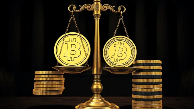 Illustrating the perilous Solana meme coin lawsuit, showing legal scales weighing blockchain tech against accusations of a crypto gambling scheme.