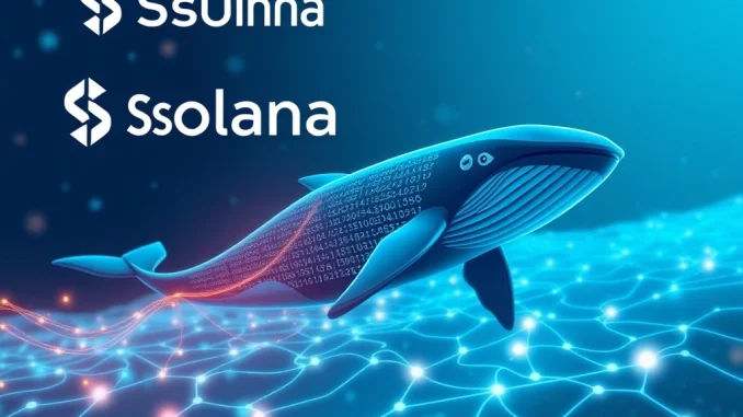Urgent Solana Transfer: A Staggering 1.75 Million SOL Moves to Coinbase Institutional A large digital whale moving Solana tokens towards a Coinbase Institutional vault, illustrating a significant **Solana transfer**.