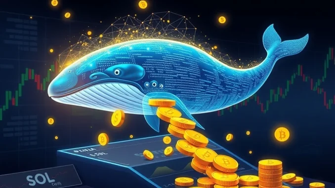 A large digital whale icon depositing Solana (SOL) tokens into an exchange interface, symbolizing a significant crypto whale transaction.