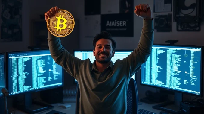 A solo Bitcoin miner celebrates a successful block reward, highlighting the rare achievement in cryptocurrency mining.