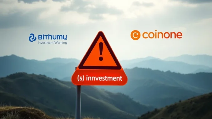 Crucial Sonic (S) Investment Warning from Bithumb and Coinone A digital warning sign clearly stating 'Sonic (S) Investment Warning' with Bithumb and Coinone logos, signifying market caution.