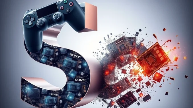 Sony's strategic reallocation depicted with gaming and entertainment symbols replacing a semiconductor chip, highlighting its new focus.
