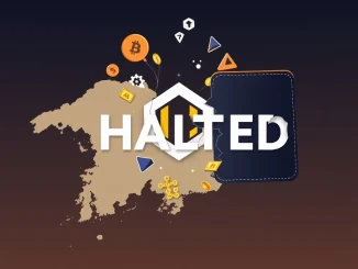 A broken digital wallet over a map of South Korea, representing the discontinuation of the South Korea blockchain project by KOMSCO due to viability issues.