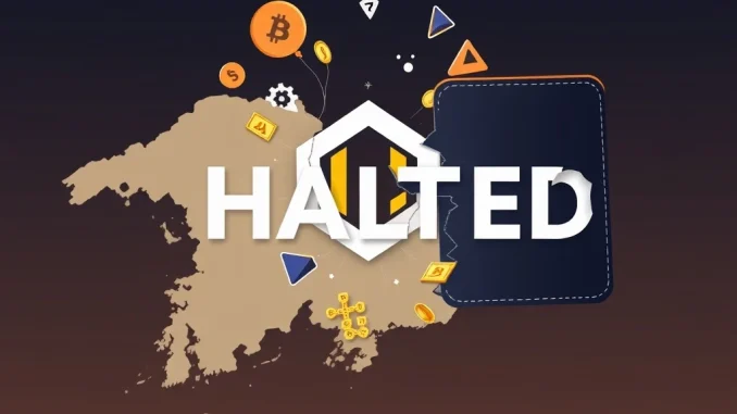 South Korea Blockchain Setback: KOMSCO Abandons Ambitious Digital Wallet Project A broken digital wallet over a map of South Korea, representing the discontinuation of the South Korea blockchain project by KOMSCO due to viability issues.