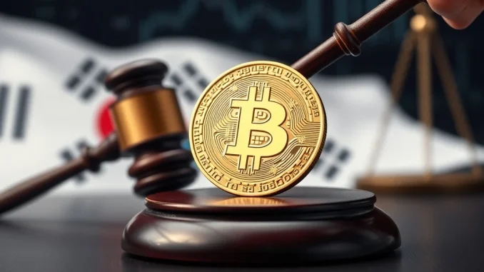 Gavel strikes a crypto coin, symbolizing South Korea crypto fines for market manipulation and illegal trading.