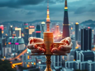 Illustration showing South Korea's financial regulations safeguarding virtual asset lending, with digital currency symbols and protective barriers.