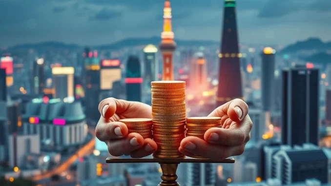 Illustration showing South Korea's financial regulations safeguarding virtual asset lending, with digital currency symbols and protective barriers.