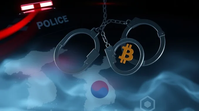 An image showing handcuffs over crypto symbols, representing the surge in South Korean crypto arrests and efforts against financial fraud.