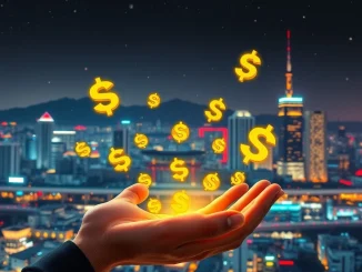 Illustration of South Korean digital currency flowing into hands, symbolizing the government subsidies digital currency pilot program involving six major Korean banks.