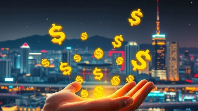 Illustration of South Korean digital currency flowing into hands, symbolizing the government subsidies digital currency pilot program involving six major Korean banks.