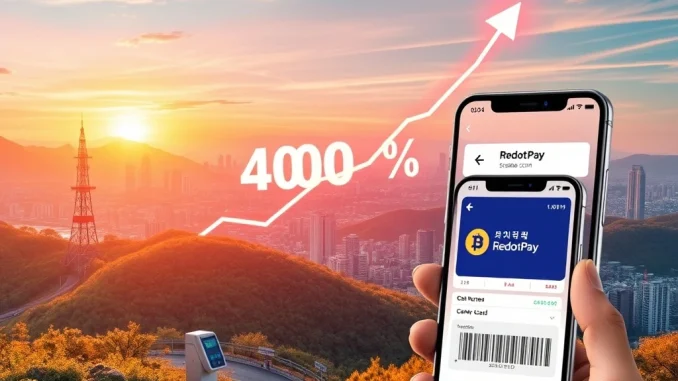 A digital graph illustrates a 400% increase in South Korean stablecoin utility, reflecting growing interest in crypto payment cards.