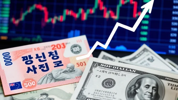 Illustrates the South Korean won's significant weakening past 1,400 against the US dollar, reflecting economic shifts and market concerns.