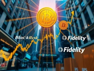 Chart illustrating the strong performance and growing interest in Spot Bitcoin ETFs, with BlackRock and Fidelity logos signifying institutional leadership.