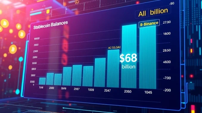 Stablecoin Balances Surge to Unprecedented $68 Billion All-Time High on Crypto Exchanges A visual representation of stablecoin balances reaching an all-time high of $68 billion on crypto exchanges, showing market growth.