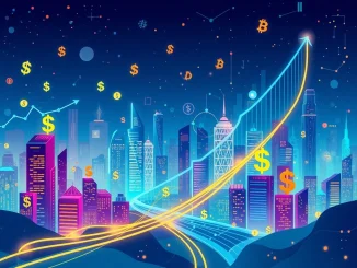 Visualizing the significant surge in stablecoin funding with digital currency symbols and investment growth, representing robust crypto investment.