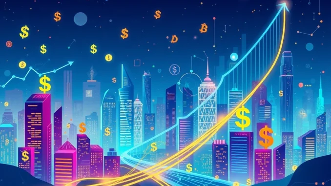 Visualizing the significant surge in stablecoin funding with digital currency symbols and investment growth, representing robust crypto investment.